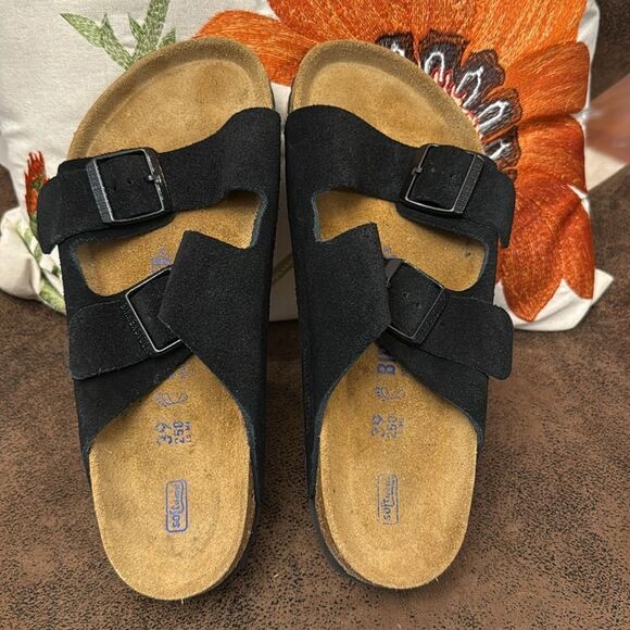 BIRKENSTOCK ARIZONA SOFT FOOTBED BLACK SUEDE CORK DOUBLE BUCKLE 39 REGULAR M6 L8 - Picture 8 of 15